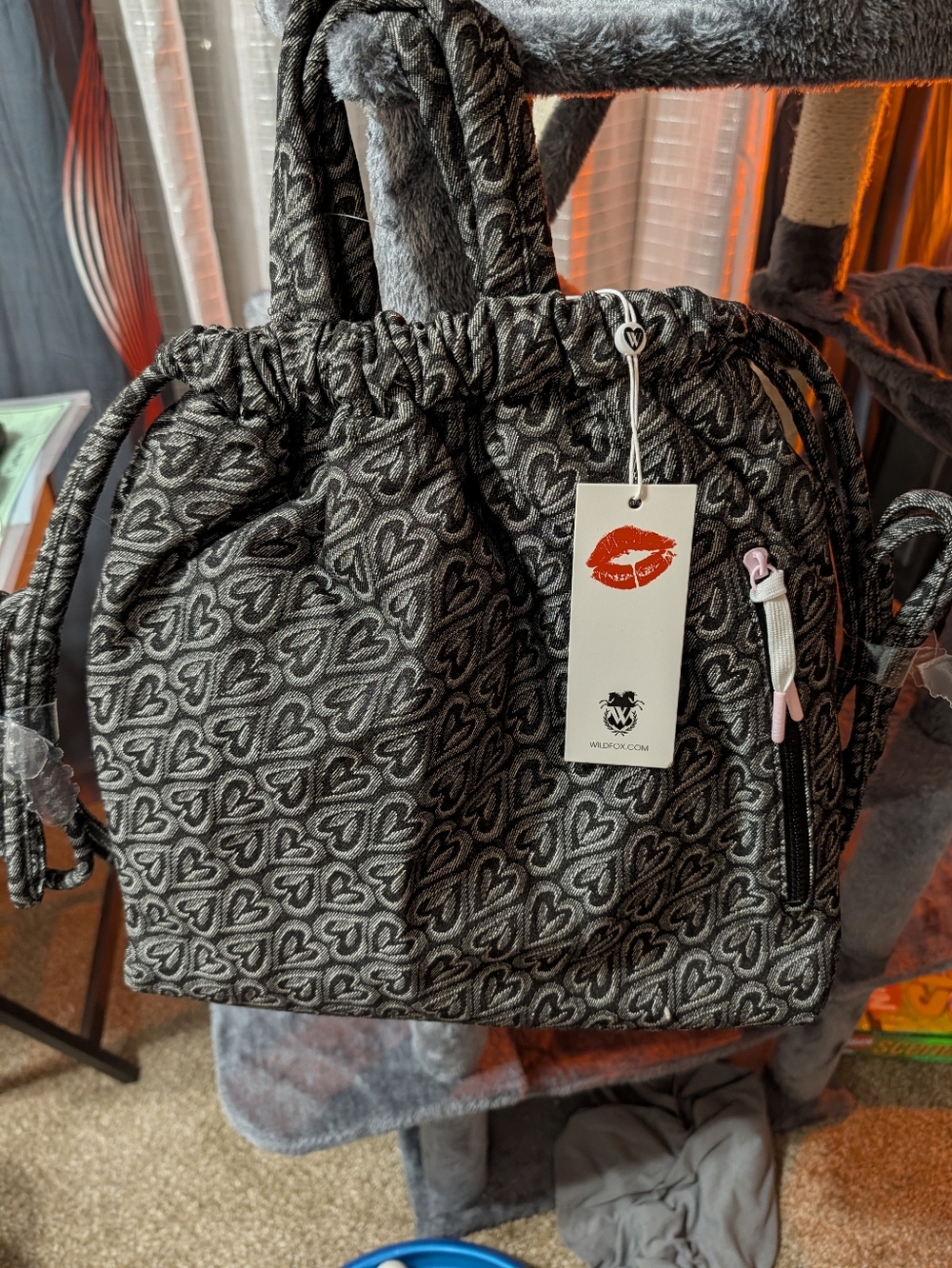 NWT Wild Fox Heart Black And Gray Drawstring Tote Bag